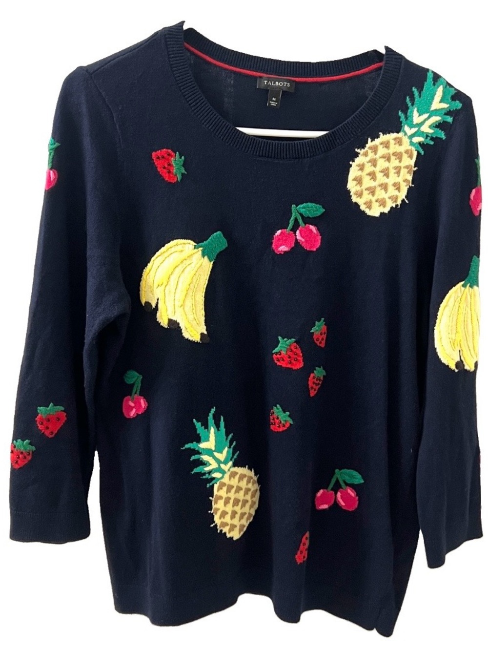 Talbots Navy Blue Beaded Fruit Sweater Banana Pineapple Strawberry Size M
